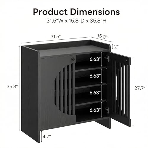 LIKIMIO Shoe Cabinet with Adjustable Shelves, 4-Tier Shoe Storage Cabinet with Slatted Doors, Freestanding Wooden Shoe Cabinet Storage for Entryway, Hallway, Living Room, Black - color: Black