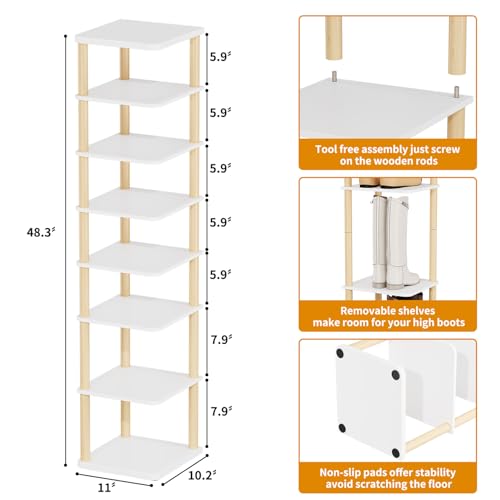 LUCKNOCK Vertical Shoe Rack, 8-Tier Tall Narrow Shoe Organizer for Entryway, Closet, Dorm & Small Spaces, Freestanding Wooden Shoe Shelf Tower for Boots, Sneakers, Heels. (White) - color: white