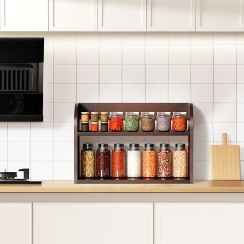 ROMGUAR CRAFT 2 Tier Bamboo Spice Rack, Countertop or Wall Mounting Wood Spice Jars Organizer Shelf for Kitche, Pantry (Brown) - color: Brown, size: 2 Tier