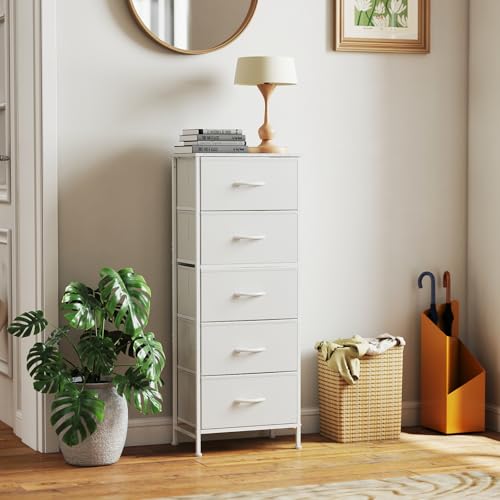 DUMOS Nightstand with 5 Drawers Bedside Table with Removable Fabric Bins Sturdy Steel Frame Wood Top Organizer Furniture for Bedroom Nursery Closet Living Room, White - color: White, size: 15.7"D x 11.8"W x 47.7"H (5 Drawers)