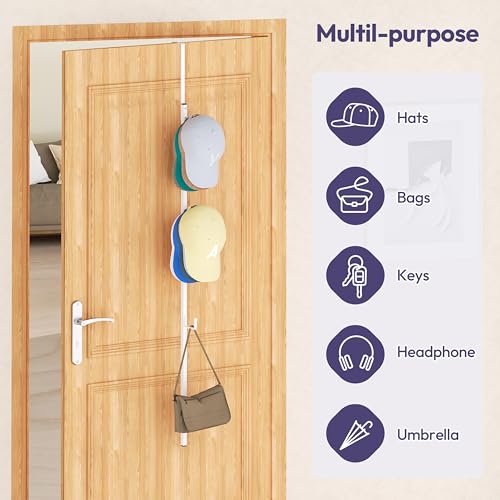 SWTYMIKI Over Door Hat Rack -1 Packs Metal Hanging Hat Organizer with 4 Hooks Design, Baseball Cap Hanger Organizer Storage Holds up to 20 Caps for Door, Bedroom, Closet - color: White, size: 1 Pack