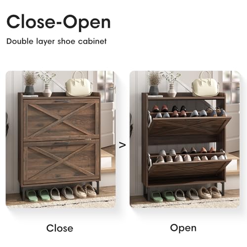 Maupvit Shoe Storage Cabinet with 2 Flip Drawers, Freestanding Organizer with Metal Legs for Entryway, Narrow Shoe Rack Cabinet, Dark Walnut - color: Dark Walnut, style: 2-Drawers