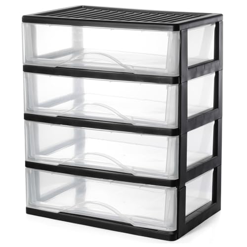 BYCY Medium 4 Drawer Clear Stacking Desktop Organizer for Office Supplies,Stackable Storage Drawers Plastic Storage Bins For Kitchen Cabinets, Pantry, Home Organization (Black, Medium 4Drawer) - size: Medium 4Drawer