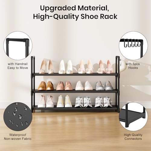 VILICK Shoe Rack for Closet Shoe Organizer Space Saver Storage for 12-15 Pair Shoe Shelf with Hook Free Standing 3 Tier Shoe Rack Organizer for Entryway, Small Spaces, Black - color: Black, size: 33.5"W - 3 Tier