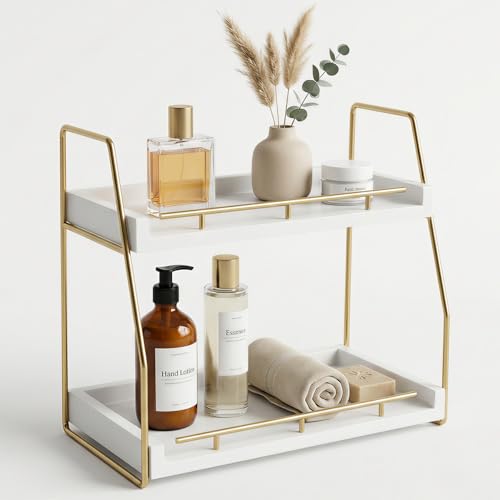 Mustry Bathroom Countertop Organizer, 2-Tier Makeup Organizer for Vanity, Wooden Shelf with Gold Metal Frame for Skincare, Perfume & Decor (White&Gold)