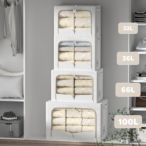 FHSQX 3 Pack Clothes Storage Bins Foldable Metal Frame Storage Box Stackable Linen Fabric Container Organizer Set with Carrying Handles and Clear Window (Cream White, 15.7x11.8x11.8inch(36L)) - color: Cream White, size: 15.7x11.8x11.8inch(36L)