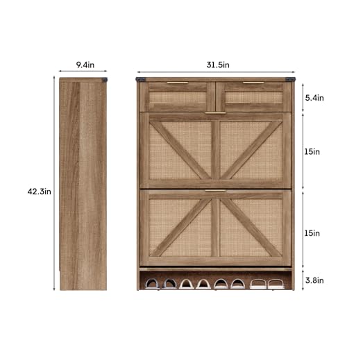 Halitaa Shoe Cabinet with 2 Flip Drawers & 2 Drawers,Farmhouse Shoe Storage Cabinet for Entryway,Slim Freestanding Narrow Organizer Rack for Front Door Entrance,Rustic Oak Rattan - color: Rustic Oak Rattan, style: 2-Drawers