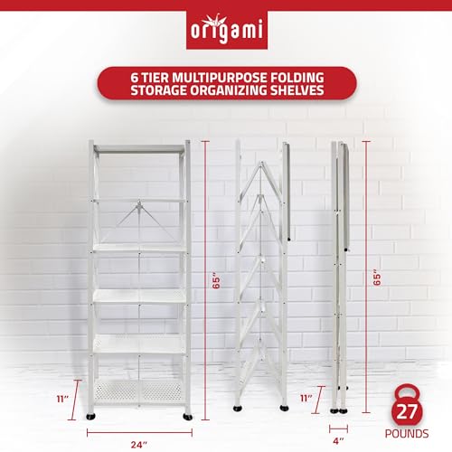 Origami 6-Tier Metal Storage Shelves with Durable Steel Frame and Easy Assembly for Home, Kitchen, and Garage Shelving, White