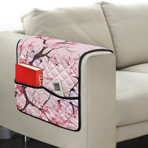 Pink Cherry Blossom Print Armrest Covers for Sofa with 2 Pockets Comfortable Sofa Chair Armrest Protector Anti-Slip Armchair Slipcover for Couch Furniture Protector - color: Pink Cherry Blossom