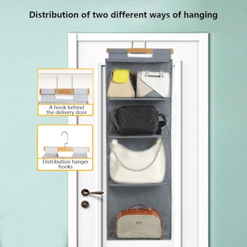 HAN SHENG 4 Grids Hanging Purse Handbag Organizer with Zippers Clear Hanging Closet Bag Organizer Tote Bag Purse Storage Holder Over The Door Space Saving Organizers (Grey)