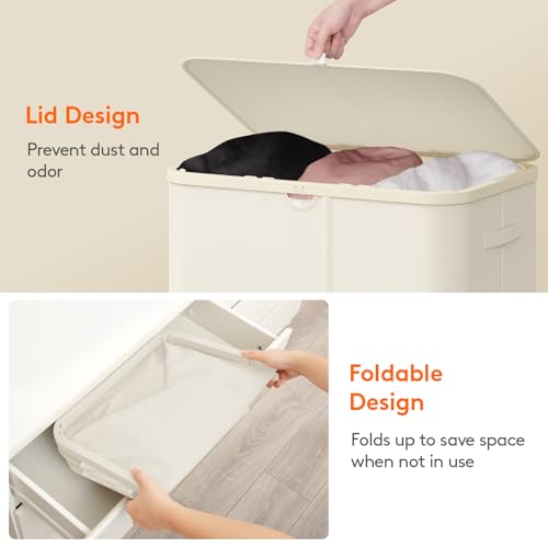 Lifewit 185L Large 3 Section Laundry Hamper with Lid, Plastic Laundry Basket with Bamboo Handles and Removable Bags, Tall Foldable Clothes Hamper for Bathroom Bedroom, White - color: White