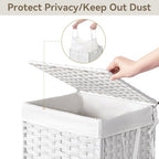 Chrislley 90L Slim Laundry Hamper with Wheels, Rolling Laundry Basket with Lid and Renovable Liner Bag, Handwoven Rattan Organizer for bedroom, bathroom, laundry room (White) - color: White