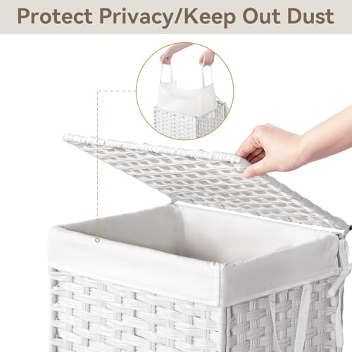 Chrislley 90L Slim Laundry Hamper with Wheels, Rolling Laundry Basket with Lid and Renovable Liner Bag, Handwoven Rattan Organizer for bedroom, bathroom, laundry room (White) - color: White