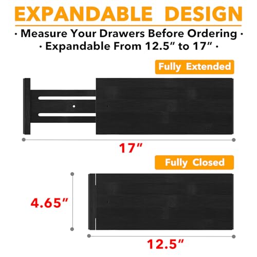 SpaceAid Bamboo Dresser Drawer Dividers 6 Pack, 4.65“ High Adjustable 12.5“-17” Drawer Organizers, Expandable Organization for Clothing, Clothes, Dressers, Black - color: BLACK, size: 4.65''H, 12.5''-17''L