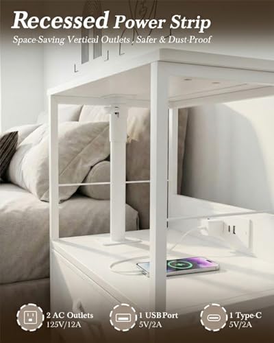 Faesun Swivel Lift Top Nightstand with Charging Station, Rolling Side Table for Recliner, Bedside Table with Wheels & 2 Fabric Drawers, for Small Spaces, for Bedroom, Living Room, White - color: White, size: 2 Drawers