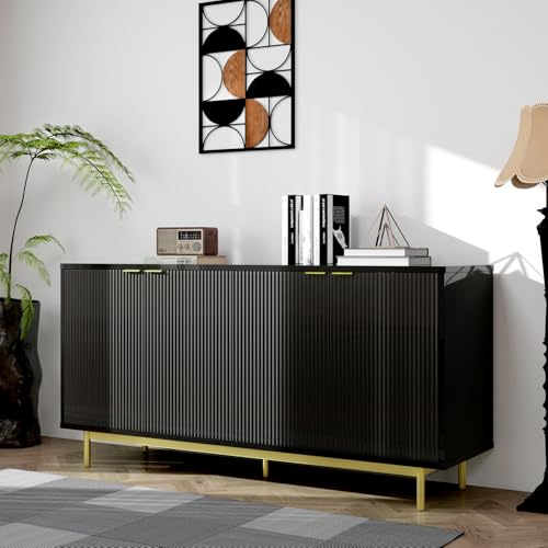 MUUEGM Sideboard Buffet Cabinet with Storage, 58" Large Kitchen Storage Cabinet with Shelves and 4 Fluted Doors, Modern Console Table for Kitchen, Dining Room, Hallway(Black) - color: Black