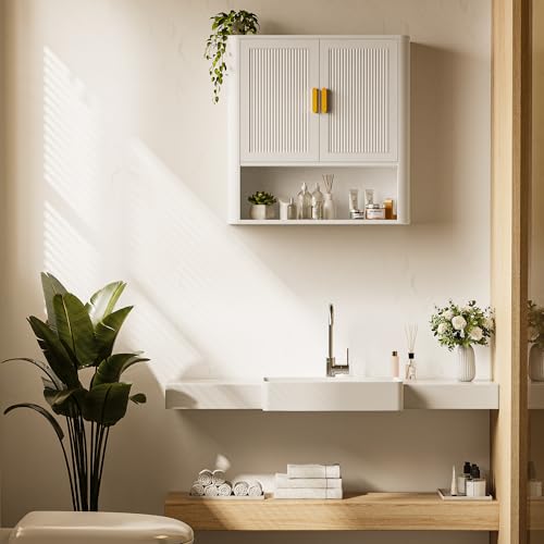 INNOD Bathroom Wall Cabinet, Wall-Mounted Medicine Cabinet with Adjustable Wood Shelf & Doors, Floating Bathroom Cabinet Over Toilet for Laundry Room & Kitchen & Living Room (White) - color: White