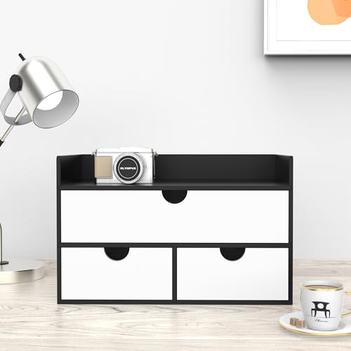 Wisuce Desk Organizer with Drawers - Bamboo Desktop Organizer Storage | Black-White Wood Desk Makeup Dresser Top Organizer for Cosmetics No Assembly Required - color: Black-White, size: 13”L x 6.6”W x7.87”H