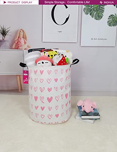 Laundry Hamper Large Canvas Fabric Lightweight Storage Basket/Toy Organizer/Dirty Clothes Collapsible Waterproof for College Dorms, Boys and Girls Bedroom,Bathroom(Pink hearts) - color: Pink hearts