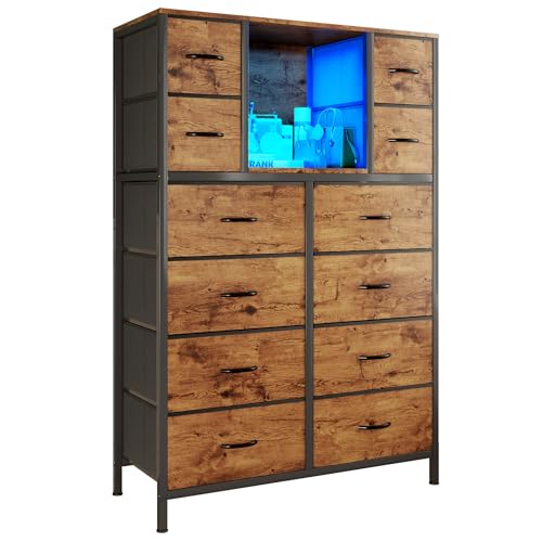 58.7" H Dresser for Bedroom with 12 Fabric Drawers & LED Lights, Anti-Tips Chest of Drawers with Open Shelves for Small Space, Living Room, Storage Organizer with Steel Frame, Wood Top, Rustic Brown