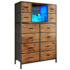 58.7" H Dresser for Bedroom with 12 Fabric Drawers & LED Lights, Anti-Tips Chest of Drawers with Open Shelves for Small Space, Living Room, Storage Organizer with Steel Frame, Wood Top, Rustic Brown