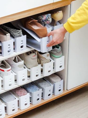 HYGRAD BUILT TO SURVIVE Shoe Slots Pack Of 12 Space-Saving Adjustable Shoe Storage Organiser with 3-Level Height, Non-Slip Shelf Holder, Plastic (Grey) - color: Grey