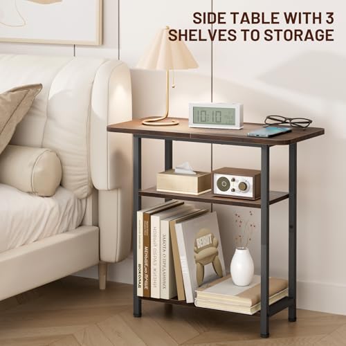 SLEEPING LAMB Side Table for Living Room, 3-Tier End Table for Small Space with Wide Storage Tabletop, Rustic Brown Narrow Nightstand for Bedroom, Sofa Couch - color: Brown