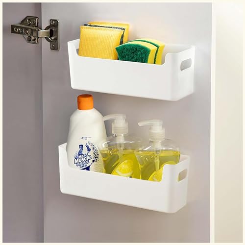 2 Pack Cabinet Organizer Storage, Adhesive Over Cabinet Door Organizer, No Drilling Space Saver Plastic Storage Containers Multi-Use for Kitchen Bathroom Office Bedroom, White - color: White
