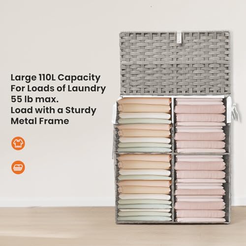 110L Laundry Hamper with Lid, Hand-Woven Pp Rattan Laundry Basket with Compartments & Handles, Removable Liner Bags,Foldable, Narrow Dirty Clothes Basket, Grey - color: 110L-Grey