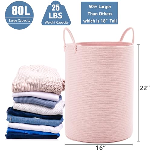 80L Extra Large Pink Hamper Laundry Basket for Baby Girls Tall Nursery Hamper for Kids Woven Rope Clothes Basket for Little Girls Room Bedroom Light Pink Kawaii 16"D x 22"H - color: Pink1, size: Extra Large (80L)