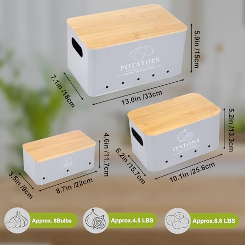 Kitchen Vegetable Storage Set of 3, Metal Onion Garlic Potato Storage Set, Kitchen Canisters Vegetable Keeper Containers with Aerating Holes and Wooden Lid (Grey) - color: Grey