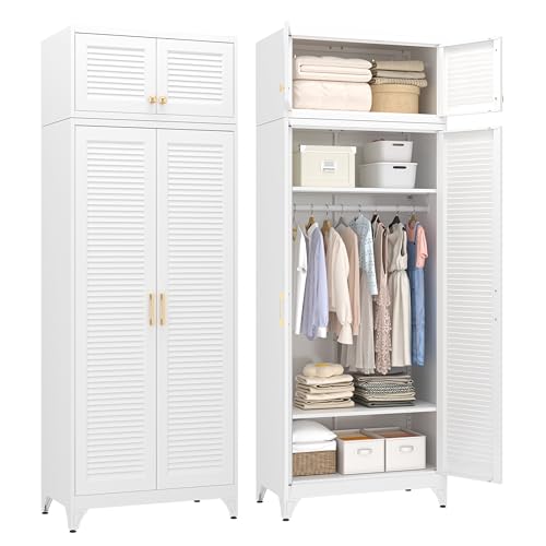 UNICOLY Armoire Wardrobe Closet with Doors, 86'' Wardrobe Cabinet with Hanging Rod, Metal Closet with 2 Adjustable Shelves for Bedroom School, Employee, Gym, White, Shipped in 2 Packages - color: White, size: 86 Inch Louvered Doors