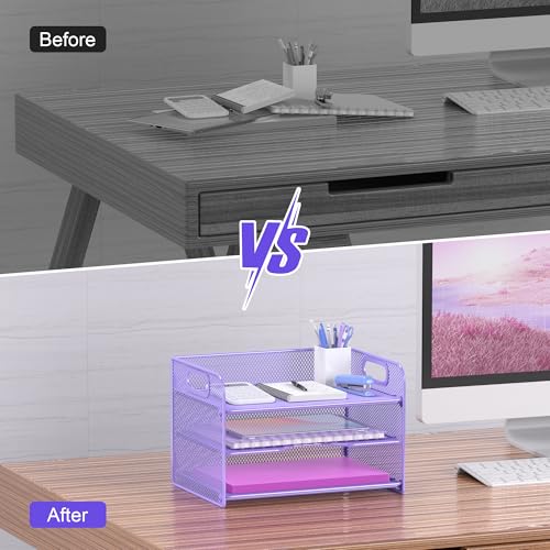 Samstar 3 Tier Purple Letter Tray Paper Organizer with Handle, Mesh Desk Organizer Paper Sorter File Rack Shelves, Purple - color: Purple 3 Tier Pack of 1