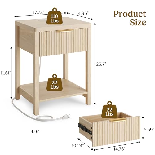 Lulive Night Stand Set 2, Fluted Nightstand with Charging Station, Wood Modern Bedside End Table with Storage Drawer for Bedroom, Save Space (Set of 2, Natural Oak) - color: Natural Oak, size: 1 Drawer-Set of 2 Nightstand