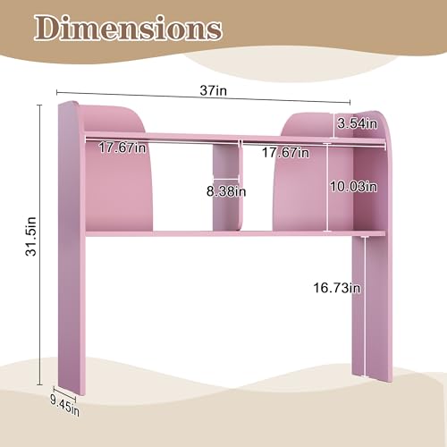 Wooden Desktop Bookshelf 37", 3-Tier Rounded-Edge Desk Storage Organizer, Space-Saving Countertop Shelf for Office Dorm Home, Pink - color: Pink