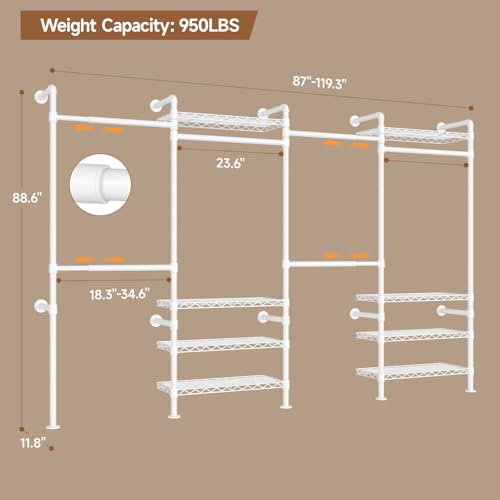 ComfyCorner Wall Mounted Garment Rack, Industrial Pipe Metal Clothing Rack with 6 Hanging Rods (4 Expandable) & 8 Shelves, Closet Organizers and Storage System for Bedroom, Walk in Closet - color: White