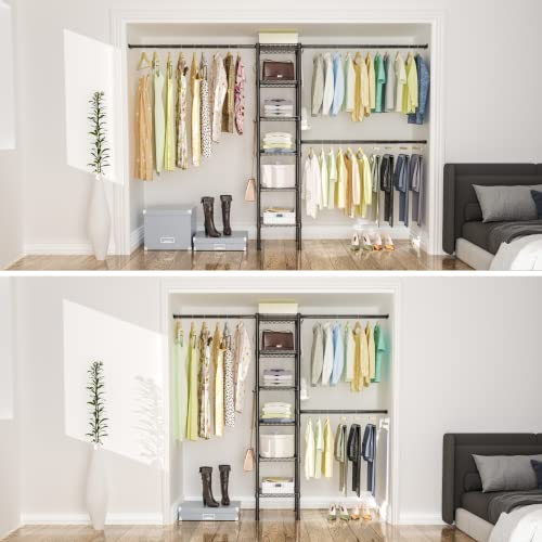 Ulif M1 Closet Storage Organizer System, 6 Tiers Heavy Duty Metal Garment Rack with 3 Expandable Hanger Rods, Wall Mounted Space Saver Suits from 5.4-8.7 ft. Width, 71.2”H x 14”D, 700LBS, Black - color: Black
