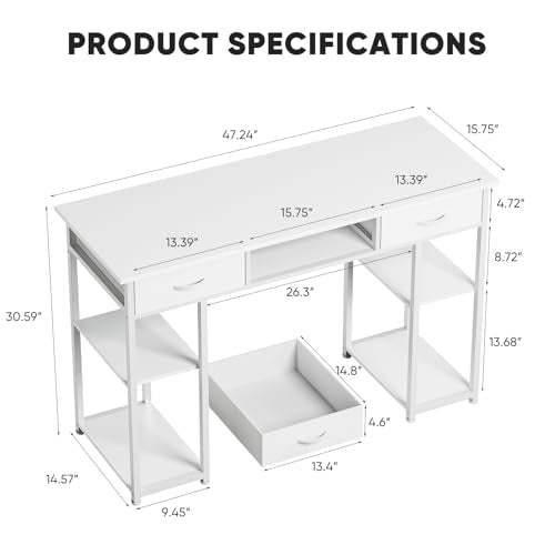 DUMOS 48" Small Computer Home Office Desk for Bedroom with Drawers, Gaming Writing Study Table with Storage Shelf, Adjustable Feet, Metal Frame Natural White - color: Natural White, size: 48-In