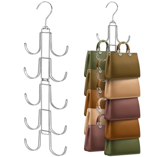 Purse Organizer for Closet, Upgraded Purse Hanger with 10 Big Hooks, 360 Degree Rotation for Better Organizer&Display, Collapsible Space Saving Hangers Rack for Handbag, Belt, Scarve, Tie - color: Silver, size: 1