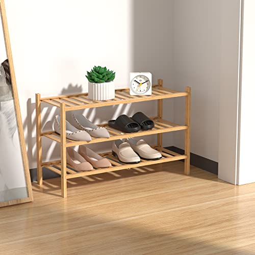 RONGJlA 3 Tier Bamboo Shoe Rack for Closet Free Standing Wood Shoe Shelf Storage Organizer for Entryway Small Space Stackable, Natural - color: Natural, size: 3-Tier-Regular