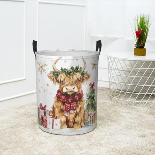 Christmas Highland Cow Laundry Basket Cute Animal Foldable Laundry Hamper with Handles Clothes Storage Bin for Household Bedroom Bathroom Dorms 17.3"x13.6" - color: Christmas Highland Cow