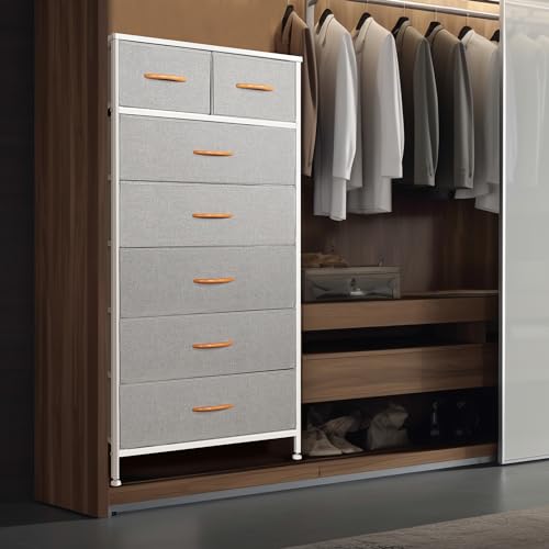 Mifuro Tall Dresser for Bedroom, Vertical Storage Organizer Tower with 7 Drawers, Chest of Drawers with Fabric Bins, Steel Frame, Wood Top for Bedroom, Closet, Entryway- Light Grey - color: Light Grey, size: 7 Drawers
