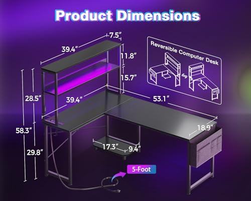 AODK L Shaped Desk Gaming Desk with LED Light & Power Outlet, 53 Inch Reversible L Shaped Computer Table with Shelf & Storage Bag & Hook for Home Office, Black - color: Black, size: 53 inch