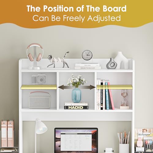 SUPER DEAL Desktop Bookshelf, Countertop Storage Hutch with 4 Shelves for Computer Desk, 2-Tier Display Rack, Multipurpose Wood Desk Hutch Storage Organizer for Home Office Dorm, White - color: White