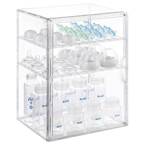 ERTIUANIO Baby Bottle Organizer – 3 Tier Bottle Storage Organizer Baby for Nipples, Pump Parts, Food Jars – Clear Acrylic Bottle Station Organizer for Countertop and Kitchen, Gifts for New Mom - size: X-Large, style: 3-Tier Single-Door