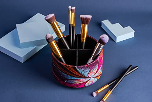 Hennaja Round Leather Art Supply Organizer,Remote Control Holder,360 Degree Rotating,Multi-Functional Pencil Holder,4 Compartments Desktop Stationary Organizer(1-Fractal Flower) | Round, 360 Degree Rotating, Multi-Functional, Desktop - color: 1-Fractal Fl