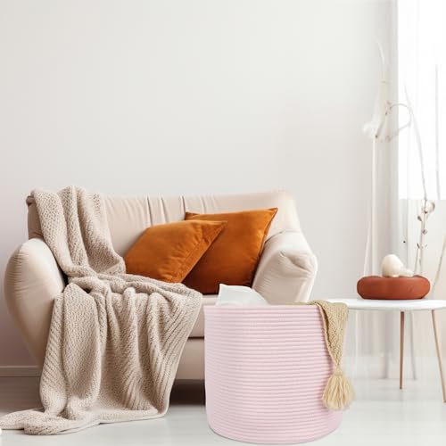 XUANGUO Cotton Rope Basket For Girls Kids 16”X14” Baby Laundry Baskets Nursery Bin Round Woven Basket Organizer For Storage Toys Blankets Shoes Clothes pink - color: pink