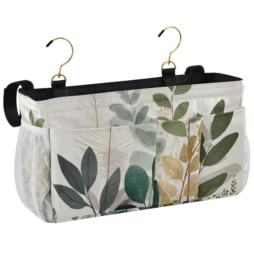 Bedside Caddy Hanging Bunk Bed Caddy Bed Organizer Hanging Pocket with 2 Hooks Bedside Storage Organizer Pocket Bag Holder Beige Boho Style Leaves - color: Beige Boho Style Leaves