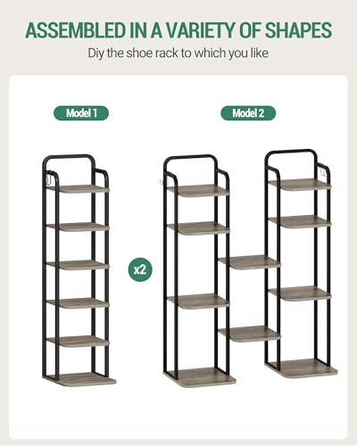 Hzuaneri 6 Tiers Vertical Shoe Rack, Narrow Shoe Tower, Tall Shoes Shelf with 2 Hooks, Adjustable Shelves, Corner Shoes Shelves for Small Spaces, Entryway, Living Room, Greige, SR04205B - color: Greige and Black, size: 6 Tier(11.8"D x 10.4"W x 39.8"H)