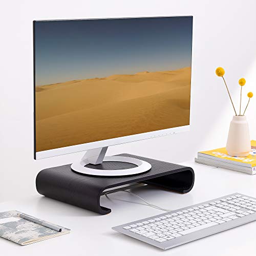 Navaris Wood Monitor Stand Riser - Computer Desk Organizer Desktop Dock Wooden Mount Display for PC TV Screen Notebook Laptop - Oak with Black Stain - style: oakwood black
